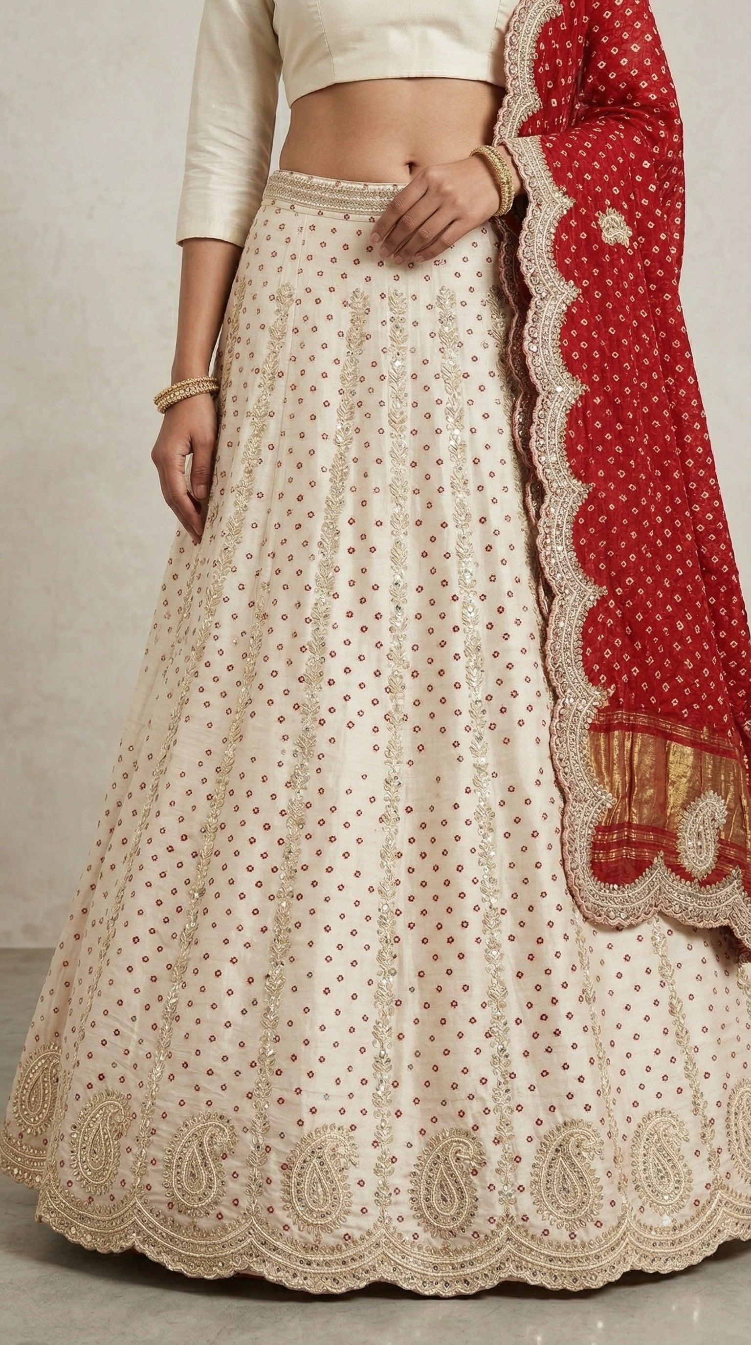 Ivory Lehenga with Gotta Patti Hand Work & Red Dupatta | Festive & Wedding Wear Lehenga Set