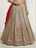 Beige Tissue Silk Lehenga with Zardozi Gotta Patti Work & Red Gaji Bandhej Dupatta | Elegant Wedding & Festive Wear