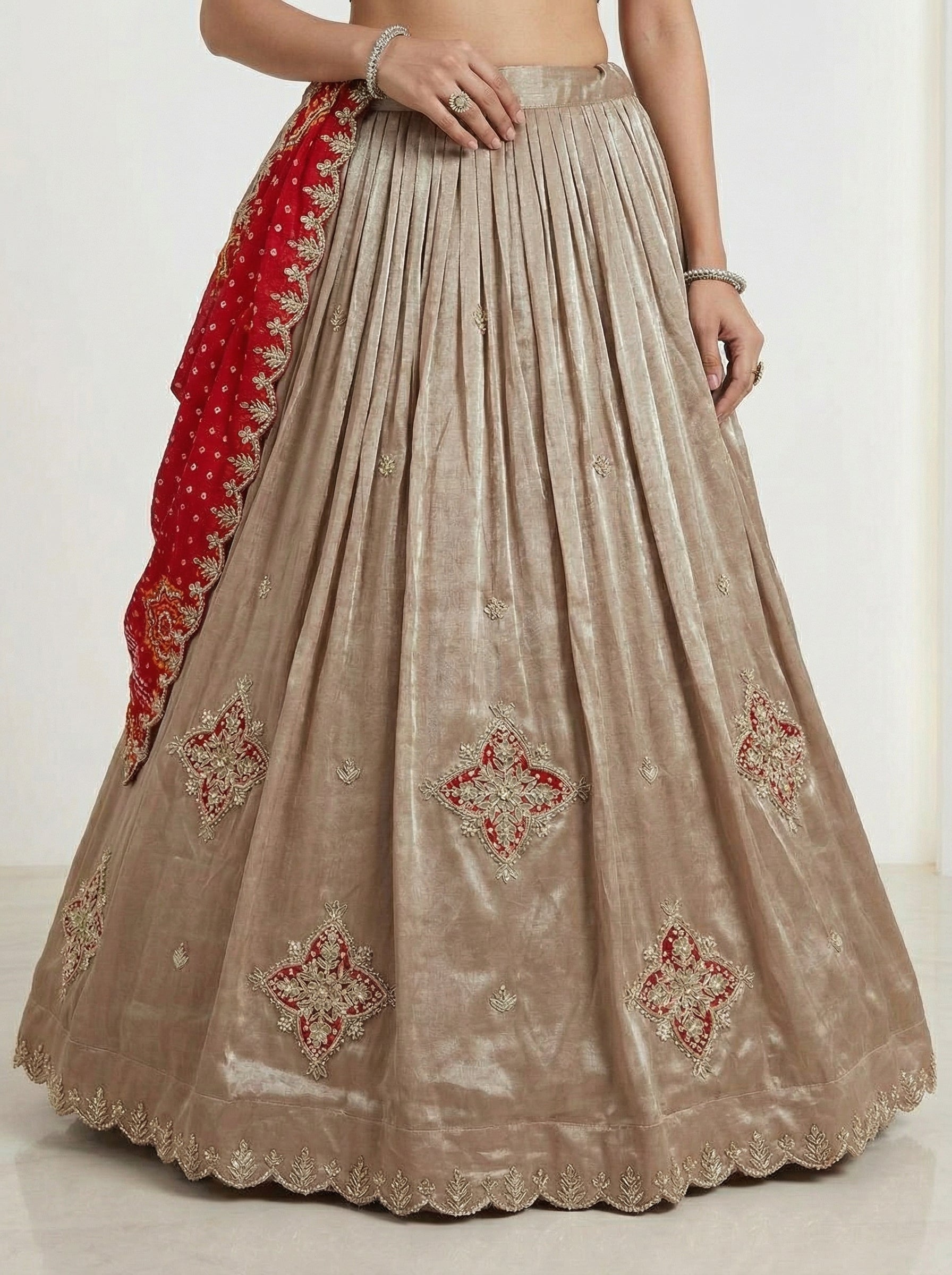 Beige Tissue Silk Lehenga with Zardozi Gotta Patti Work & Red Gaji Bandhej Dupatta | Elegant Wedding & Festive Wear
