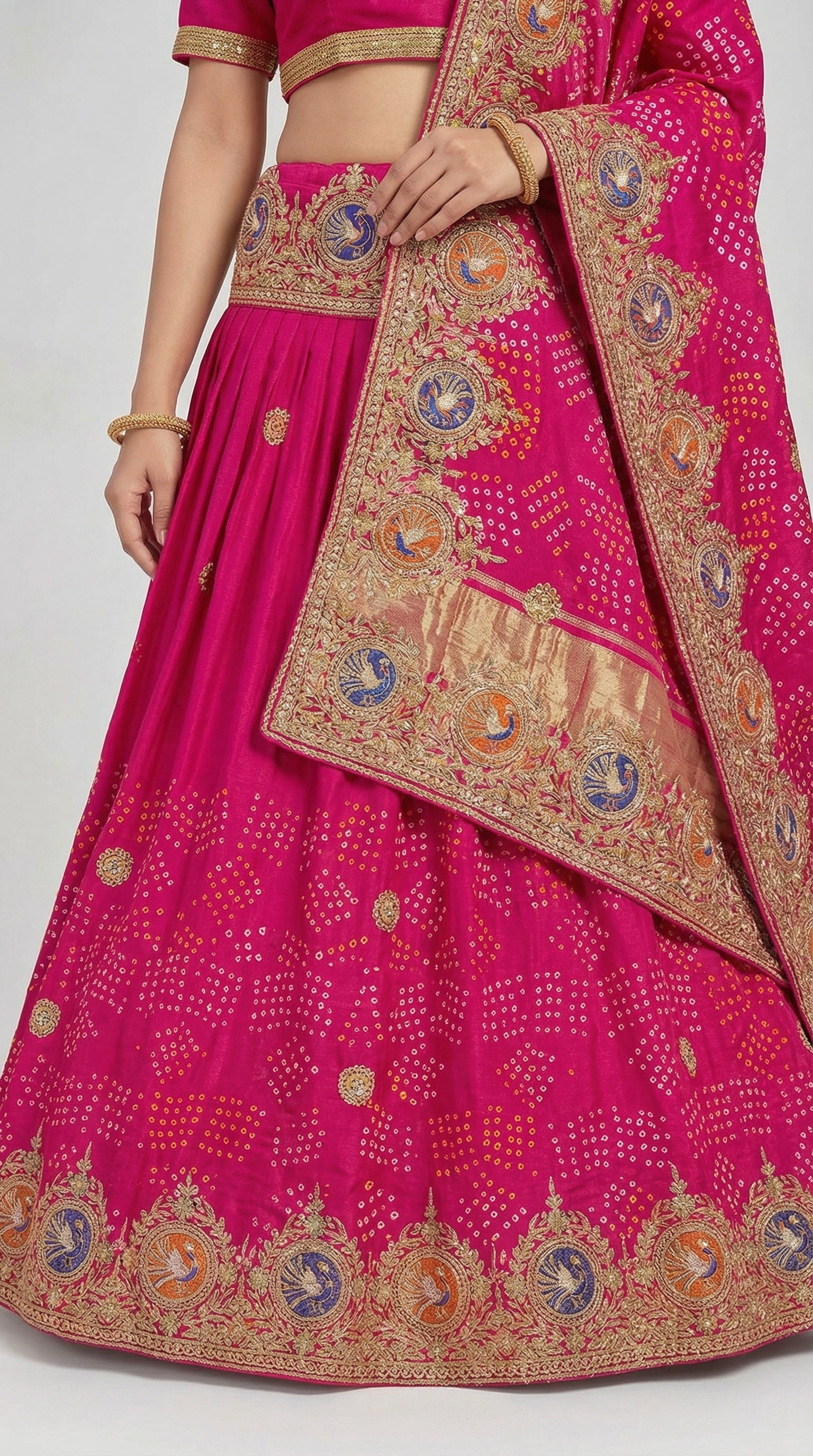 Rani Pink Bandhej Lehenga with Peacock Motif Border & Gotta Patti Hand Work Dupatta | Bridal & Wedding Wear Lehenga Set