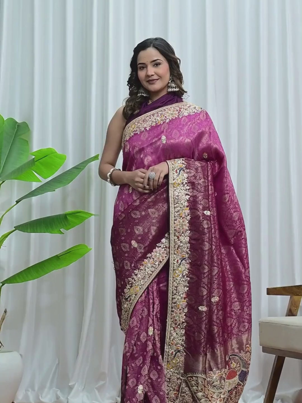 Bridal Banarasi Silk Saree with Peacock Border, Sequins & Zari Work