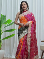 Multi-Colour Viscose Bandhej Saree with Intricate Gota Patti Work