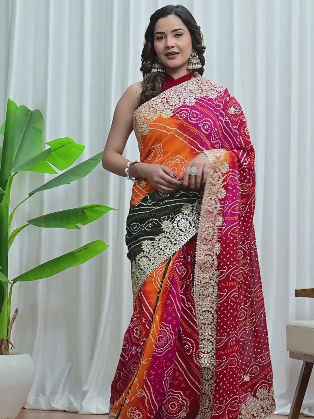 Multi-Colour Viscose Bandhej Saree with Intricate Gota Patti Work