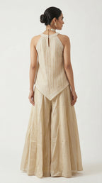Beige Tissue Sharara Set with Halter Neck Peplum Top & Tassels | Mehendi & Festive Wear