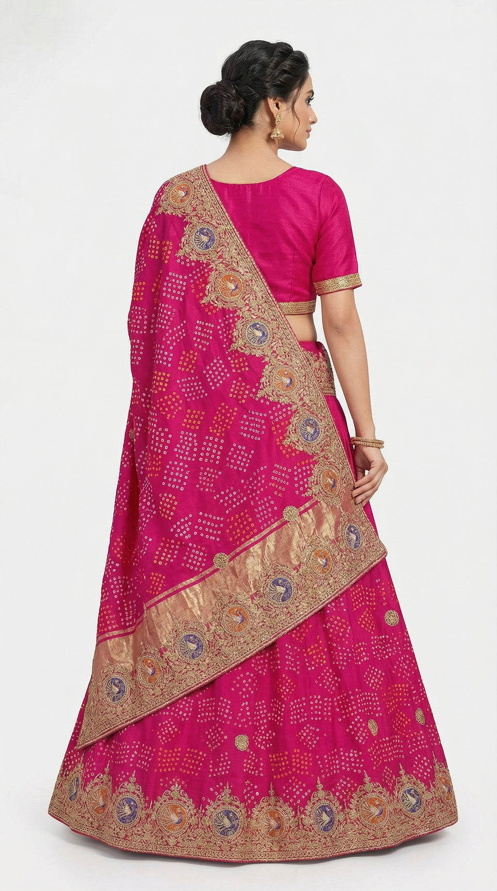 Rani Pink Bandhej Lehenga with Peacock Motif Border & Gotta Patti Hand Work Dupatta | Bridal & Wedding Wear Lehenga Set