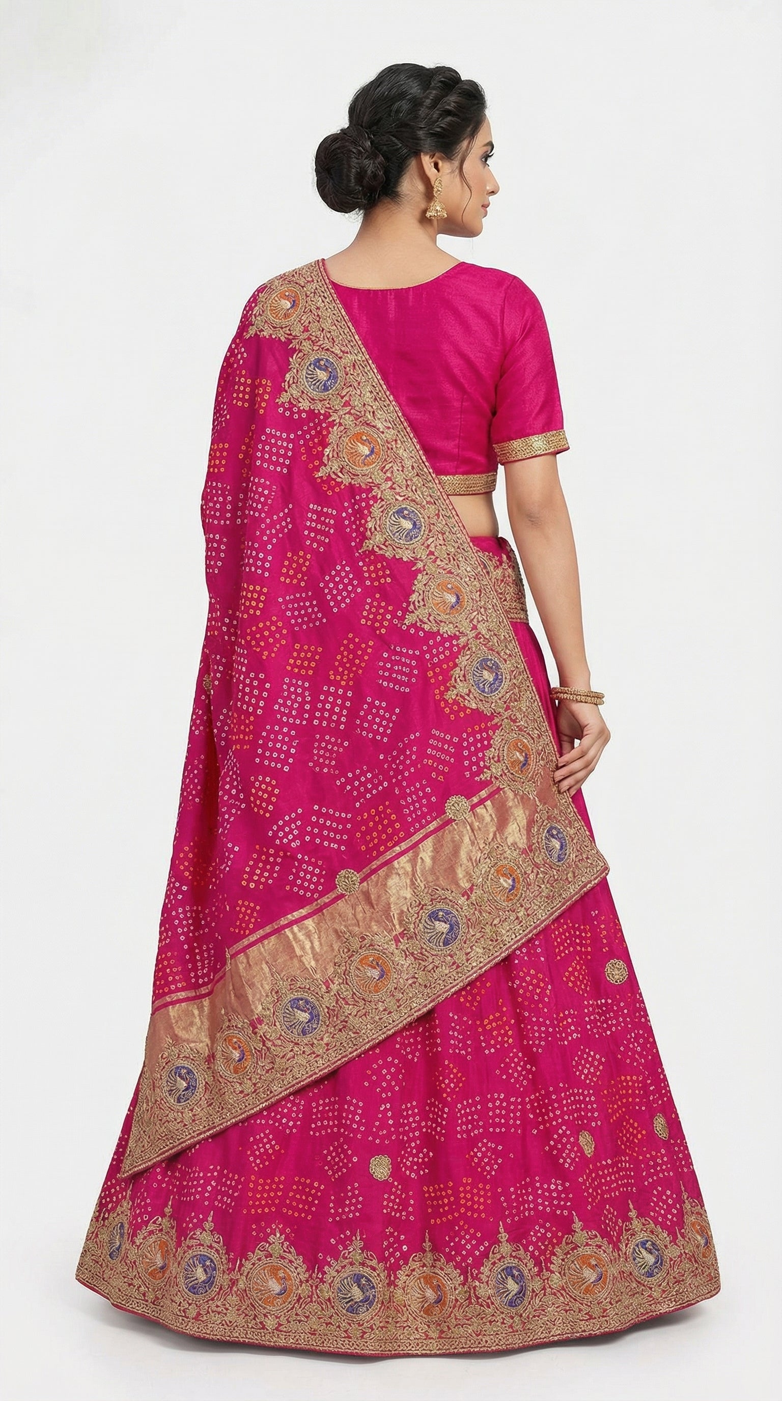 Rani Pink Bandhej Lehenga with Peacock Motif Border & Gotta Patti Hand Work Dupatta | Bridal & Wedding Wear Lehenga Set