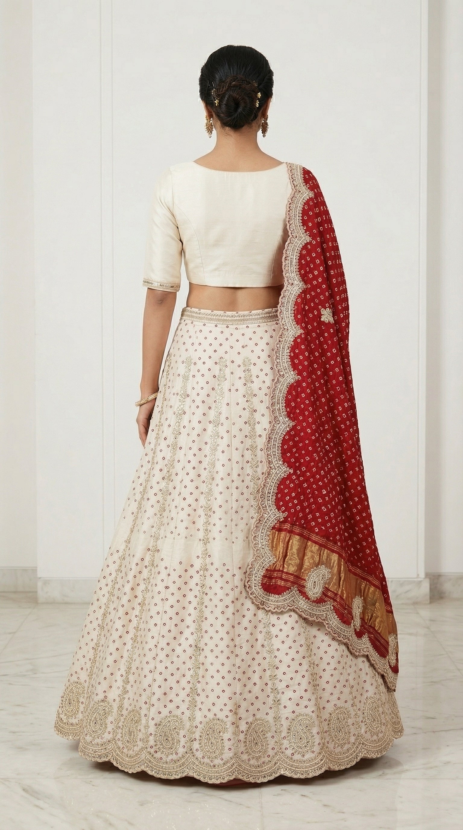 Ivory Lehenga with Gotta Patti Hand Work & Red Dupatta | Festive & Wedding Wear Lehenga Set