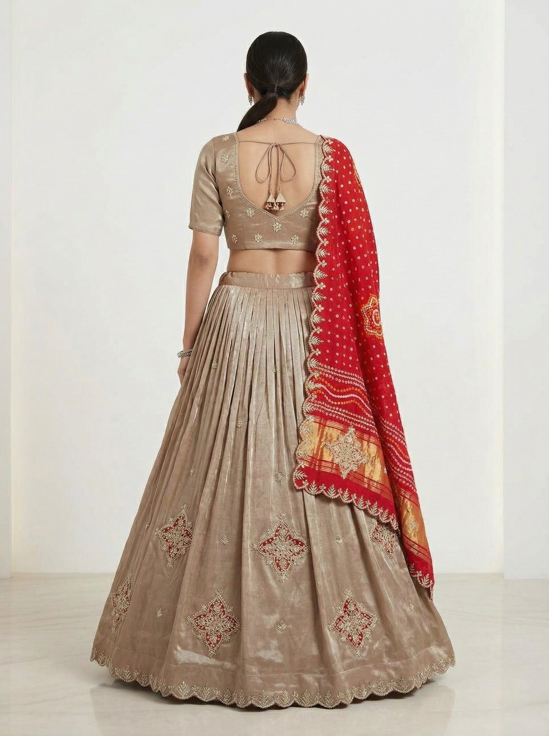 Beige Tissue Silk Lehenga with Zardozi Gotta Patti Work & Red Gaji Bandhej Dupatta | Elegant Wedding & Festive Wear