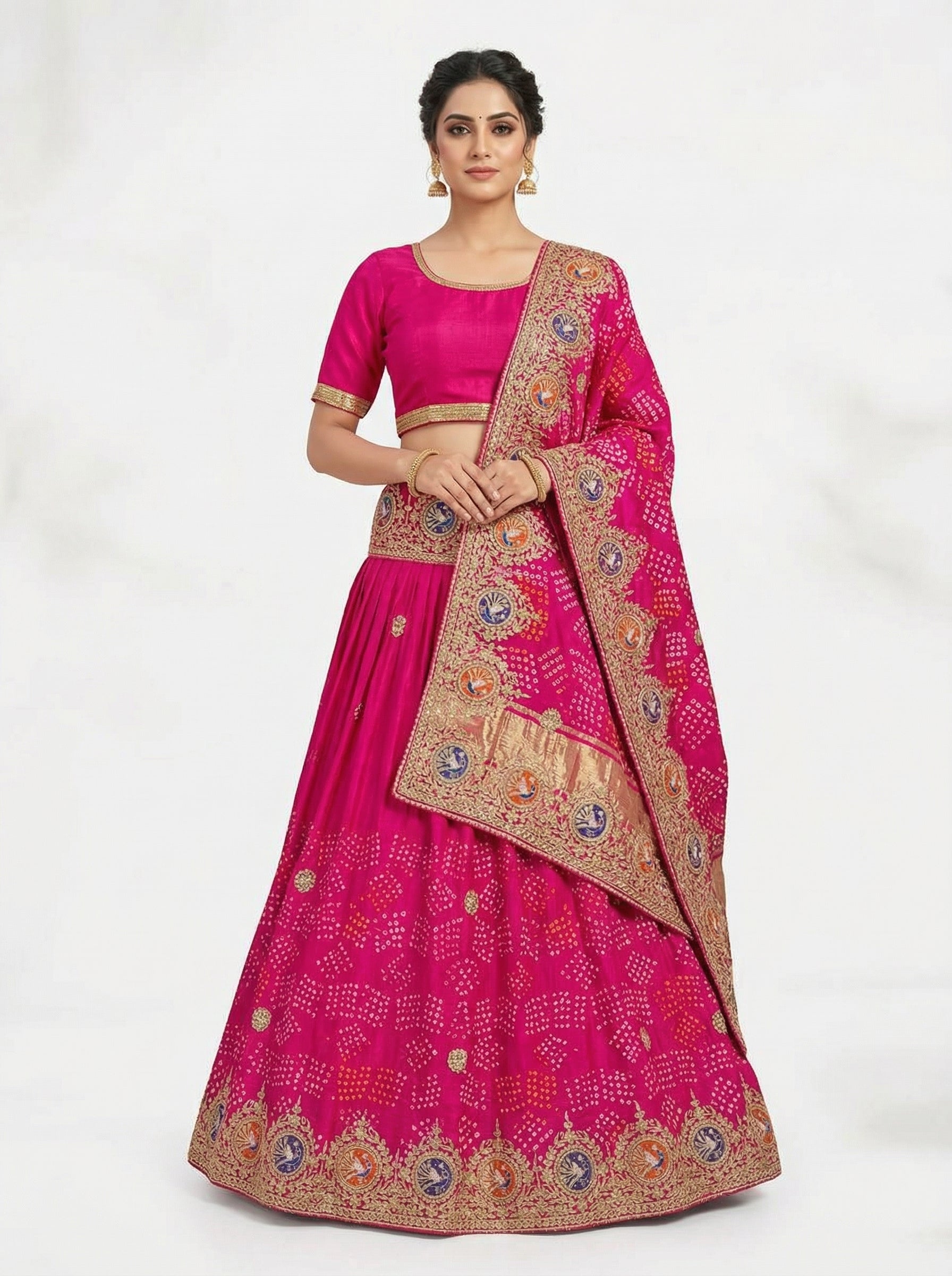 Rani Pink Bandhej Lehenga with Peacock Motif Border & Gotta Patti Hand Work Dupatta | Bridal & Wedding Wear Lehenga Set