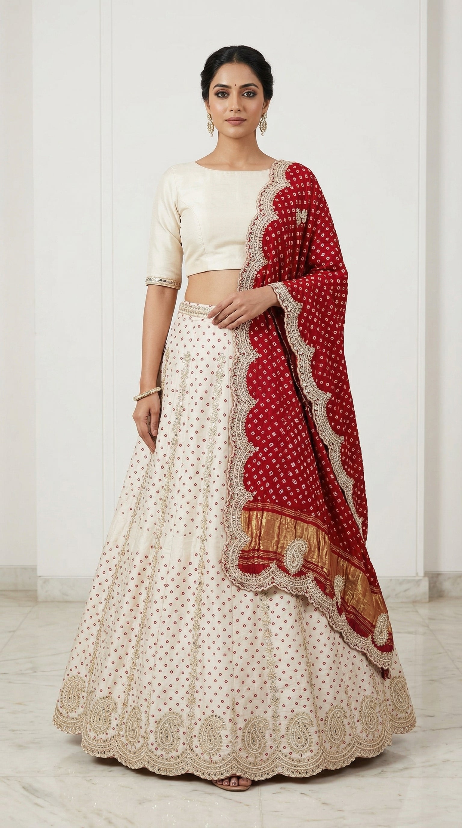 Ivory Lehenga with Gotta Patti Hand Work & Red Dupatta | Festive & Wedding Wear Lehenga Set