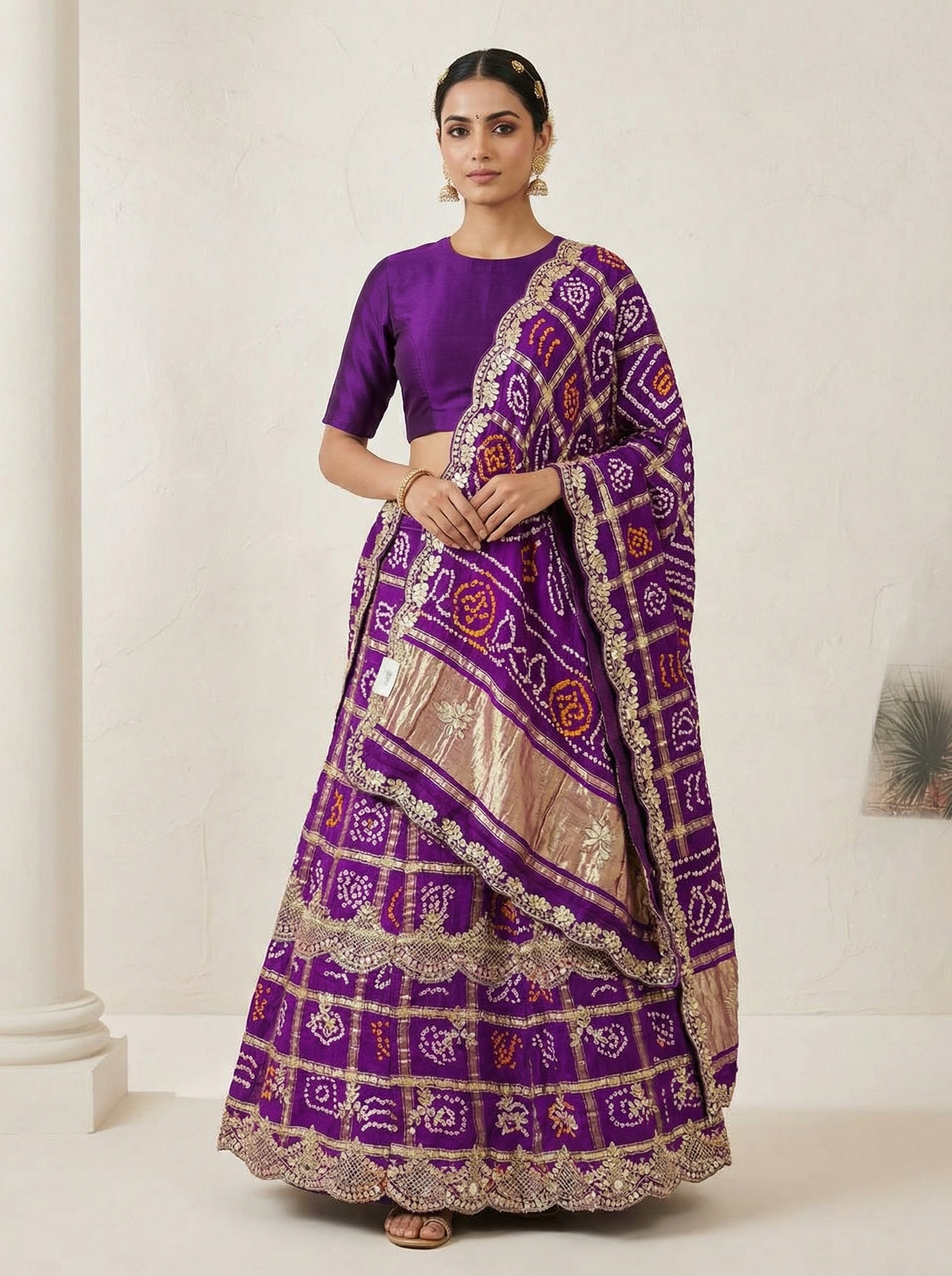 Purple Bandhej Lehenga with Pearl Gotta Patti Zardozi and Kardana Work, Perfectly done with the hands & Beautiful Dupatta | Festive & Wedding Wear Lehenga Set