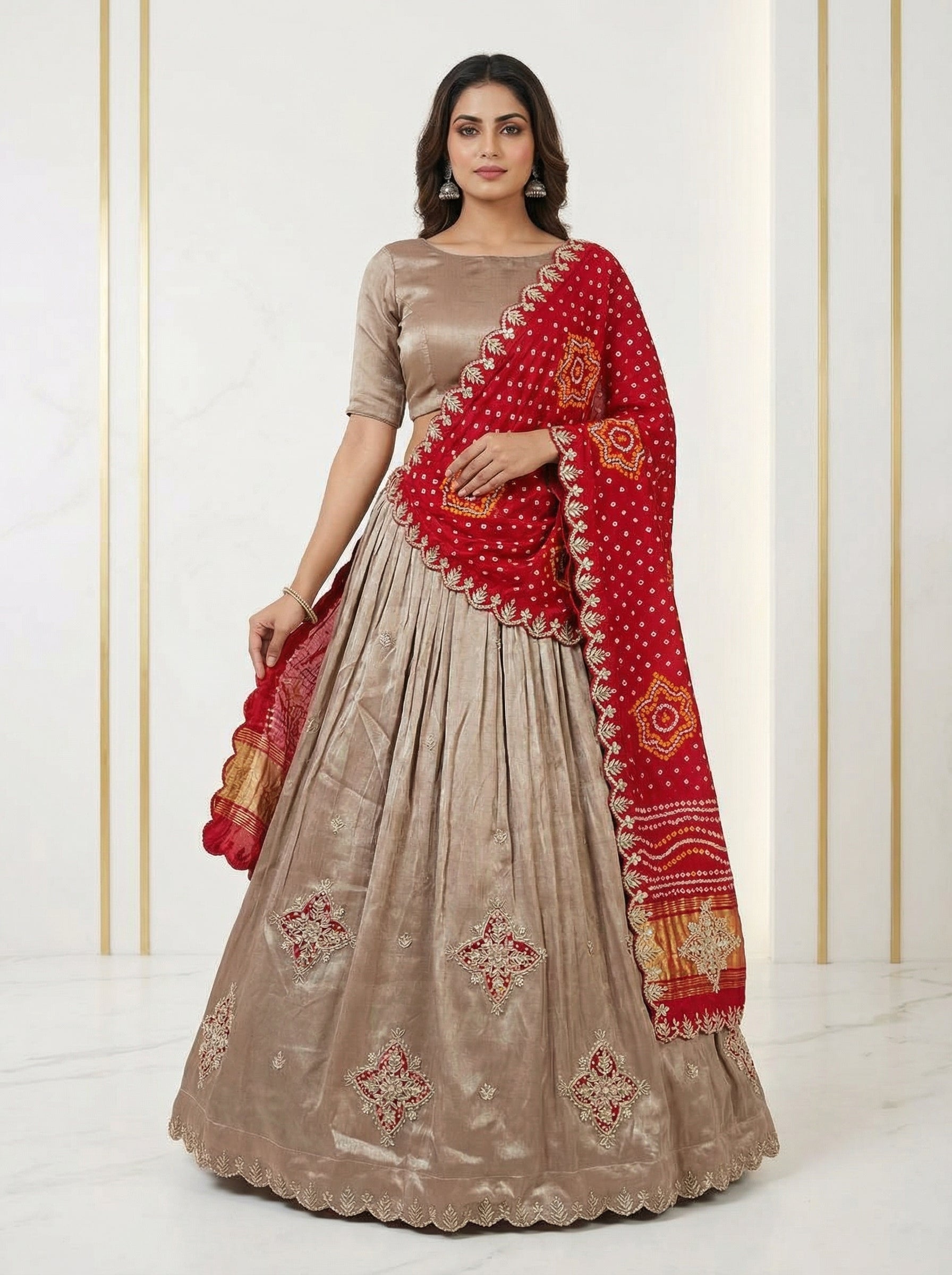 Beige Tissue Silk Lehenga with Zardozi Gotta Patti Work & Red Gaji Bandhej Dupatta | Elegant Wedding & Festive Wear